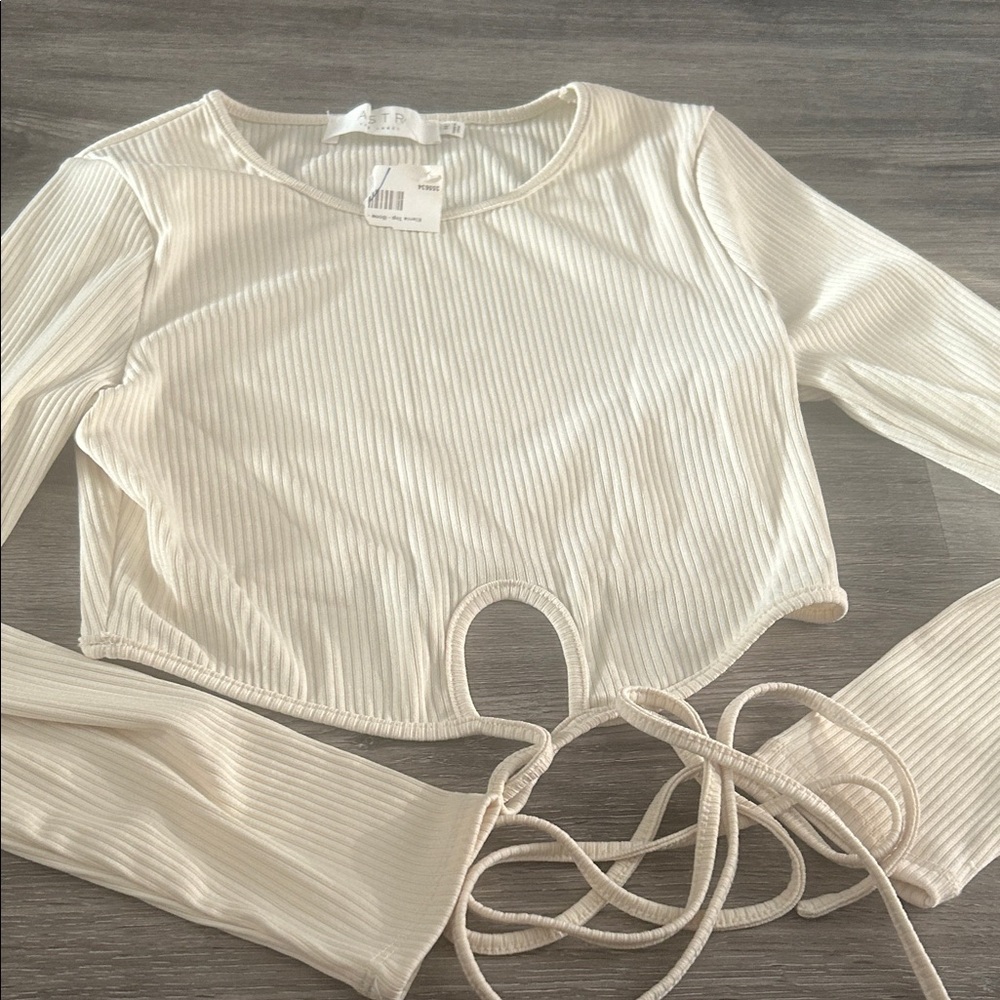 Cream Ribbed Long Sleeve Crop Top